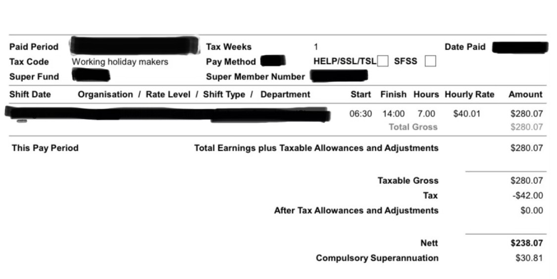 オーストラリアのアシスタントナース(AIN)の給与明細。平日早朝シフト7時間で時給40.01豪ドル