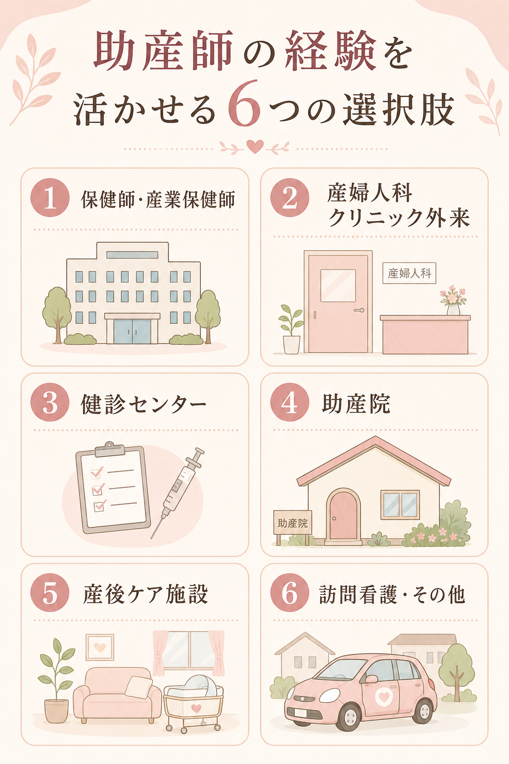 助産師の経験を活かせる6つの選択肢：保健師・産業保健師、産婦人科クリニック外来、健診センター、助産院、産後ケア施設、訪問看護・その他