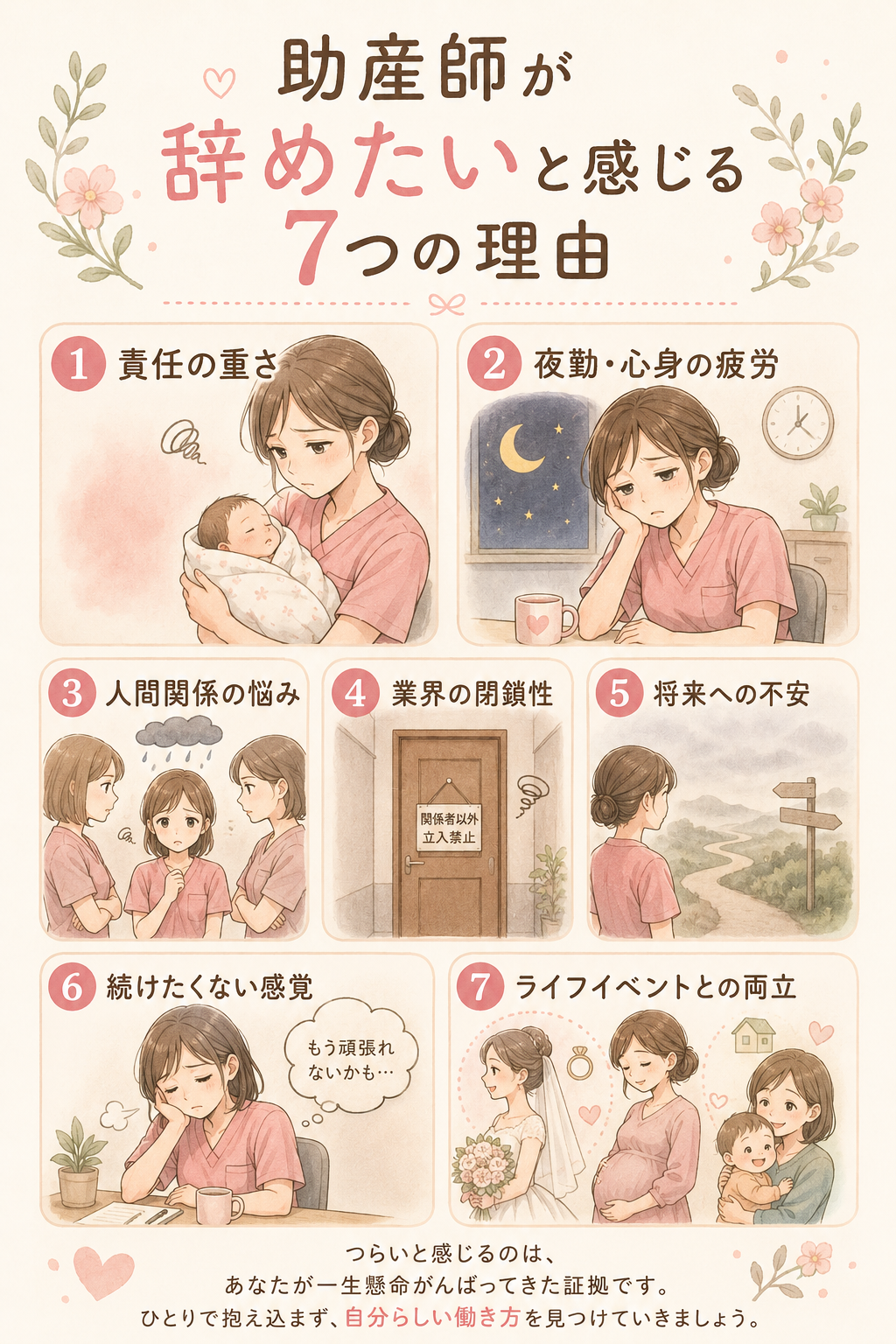 助産師が辞めたいと感じる7つの理由：責任の重さ・夜勤と心身の疲労・人間関係の悩み・業界の閉鎖性・将来への不安・続けたくない感覚・ライフイベントとの両立