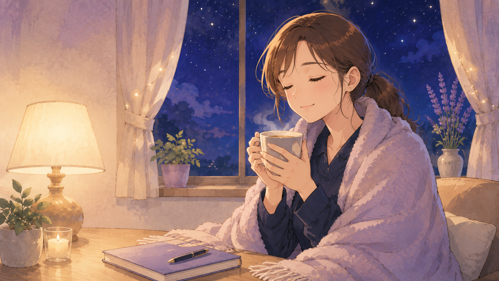 温かいお茶を手に、夜の窓辺でひと息つく女性のイラスト——休むことも転職活動の一部