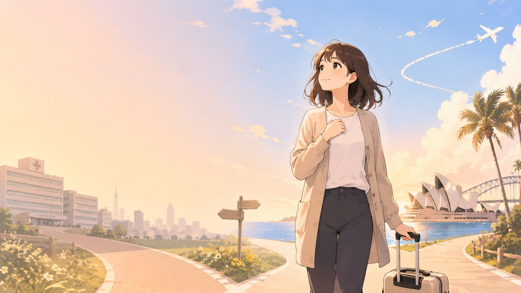 日本とオーストラリアの分かれ道に立つ女性