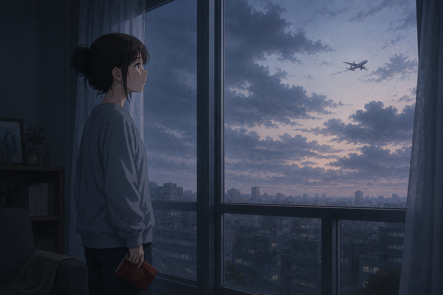 部屋の窓から飛行機を見送る女性