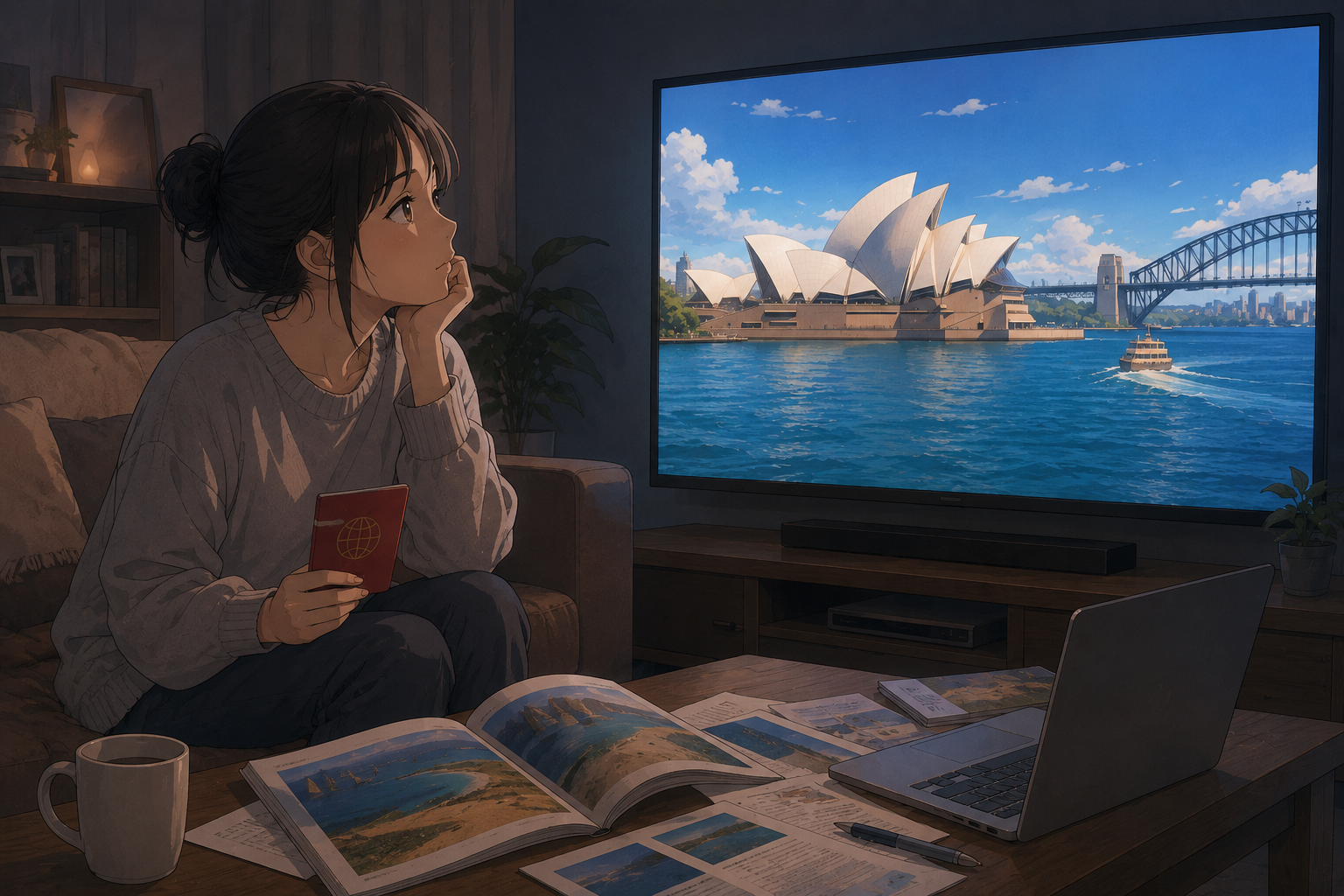 テレビでオーストラリアの映像をぼんやり眺める女性