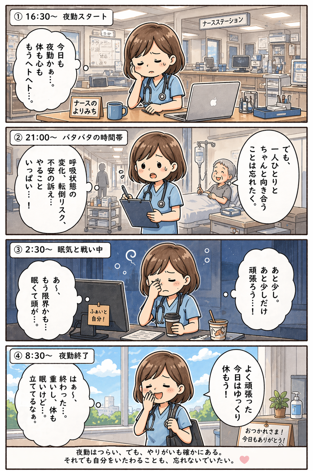 夜勤看護師の四コマ漫画|夜勤はつらい、でもやりがいもある